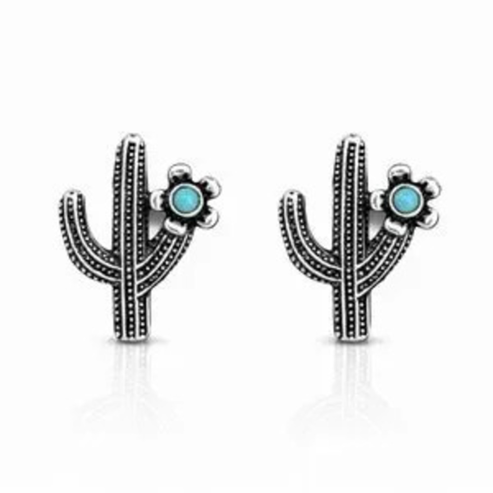 ?? Silver Cactus Earrings with Turquoise Accent